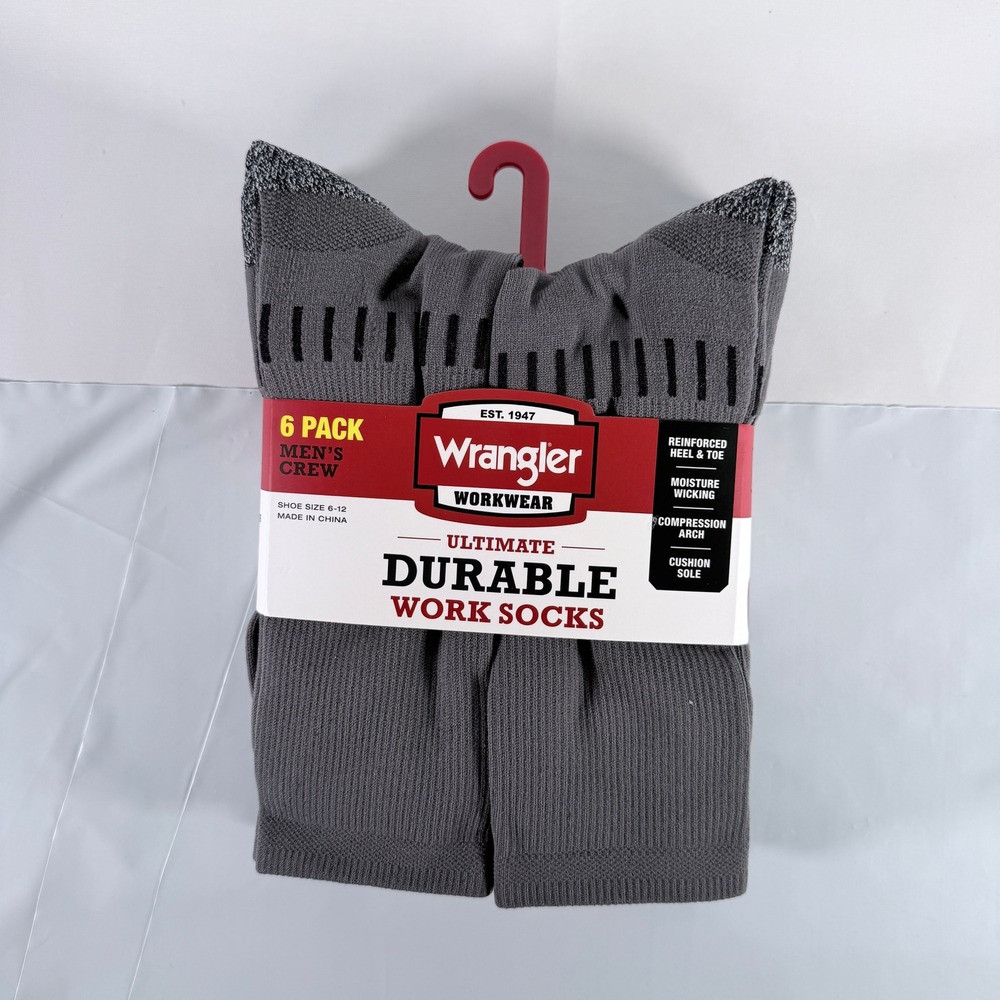 Wrangler Workwear Ultimate Durable Men Crew Work Socks 6 Pack Solid Grey 6-12